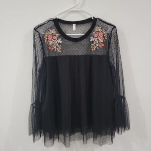 Xhilaration Womens Top Size Large Black Embroidered Floral Bohemian Dark Fairy